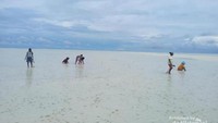 Saat air laut surut, maka akan muncul hamparan pasir putihnya yang luas. Saat itulah, warga khususnya anak-anak dan ibu-ibu mencari insonem di pasir putih. Ketika air laut naik maka hamparan pasir butih berubah menjadi hamparan biru laut yang memanjakan mata. 