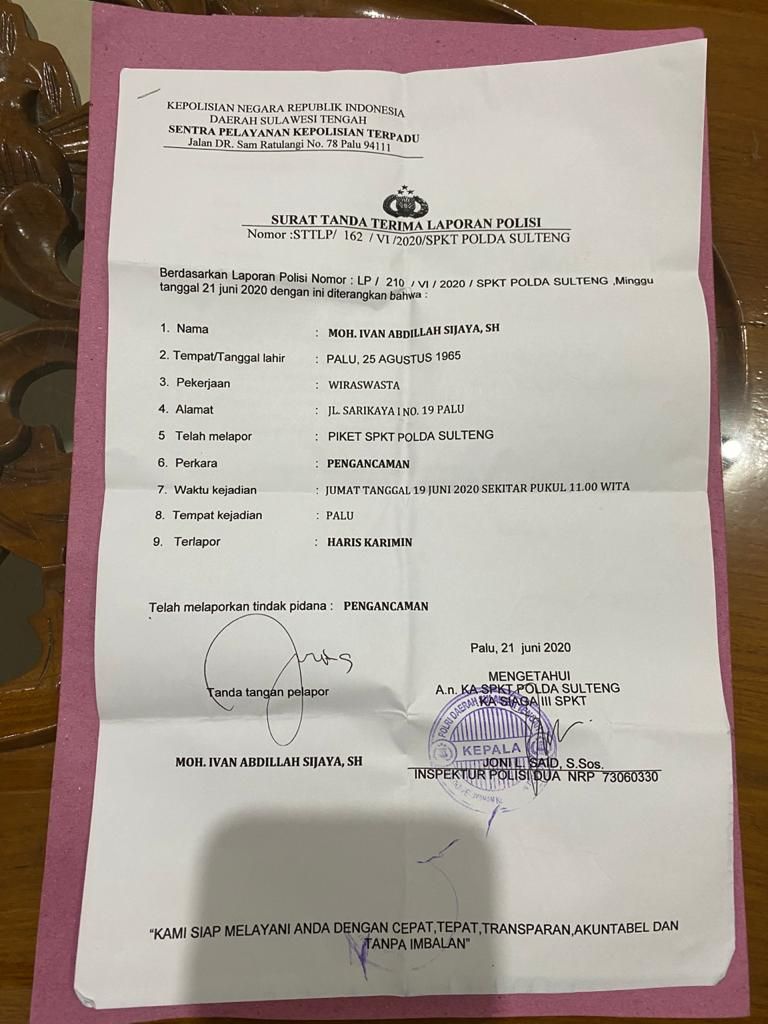 Surat laporan Bendahara Gerindra Sulteng