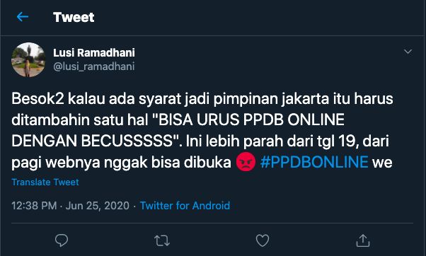 Keluhan warganet di Twitter soal PPDB DKI, 25 Juni 2020. (Tangkapan layar Twitter)