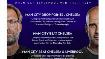 Berbagai skenario agar Liverpol juara. Jika Manchester City seri malam ini, Liverpool sudah pasti menggenggam piala. Foto: Twitter