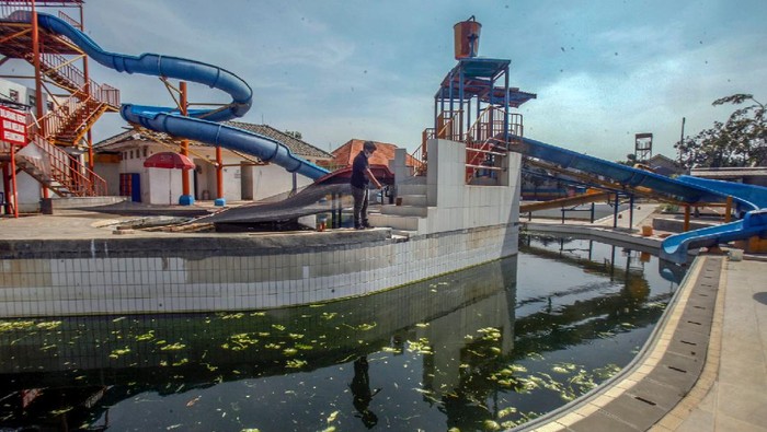 PEMANFAATAN WAHANA KOLAM RENANG DI MASA PANDEMI COVID-19 Penjaga mengecek kolam renang yang dimanfaatkan menjadi kolam ikan jenis lele di Fun Park Water Adventure, Villa Nusa Indah, Gunung Putri, Kabupaten Bogor, Jawa Barat, Kamis (25/6/2020). Pemanfaatan sementara wahana kolam renang menjadi kolam ikan tersebut sebagai upaya menjaga kestabilan ekonomi karyawan di masa pandemi COVID-19 sekaligus menghilangkan jentik nyamuk yang berada di kolam tersebut. ANTARA FOTO/Yulius Satria Wijaya/nz