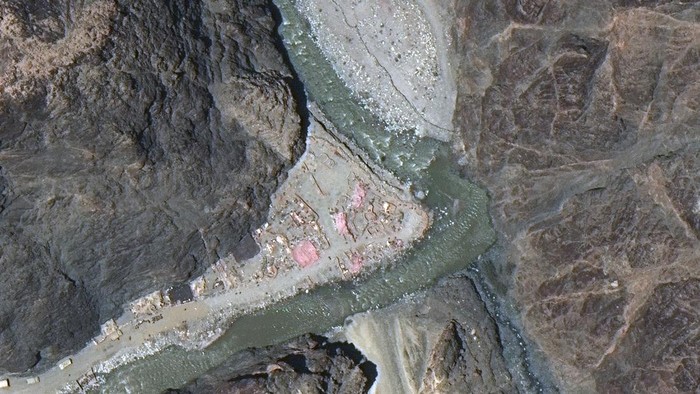 This June 22, 2020, satellite image provided by Maxar Technologies shows the Line of Actual Control (LAC), the border between India and China. Chinese and Indian military commanders agreed to disengage their forces in the disputed area of the Himalayas following a clash that left at least 20 soldiers dead, both countries said. The commanders reached the agreement Monday, June 22, 2020 in their first meeting since the June 15 confrontation, the countries said. (Maxar Technologies via AP)