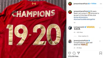 James Milner memajang kaos bertuliskan Champions di sisi belakang. Foto: Instagram