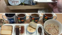 Perancis punya ransum tentara yang isinya terlihat lebih menggiurkan walaupun warnanya terbilang pucat. Di sana ada olahan ham di dalam kaleng, lalu cokelat, biskuit, hingga sup tomat. Foto: boredpanda
