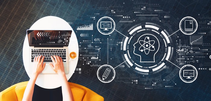 Online education concept with person using a laptop on a white table
