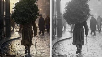 Potret orang membawa pulang pohon Natal di Chelsea, London tahun 1914. (Foto: Brightside)