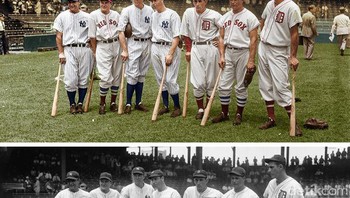 Foto dari kiri ke kanan Lou Gehrig, Joe Cronin, Bill Dickey, Joe DiMaggio, Charley Gehringer, Jimmie Foxx, and Hank Greenberg pada tahun 1937. (Foto: Brightside)