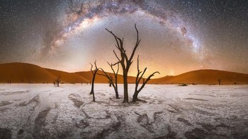 Deadvlei karya Stefan Liebermann memperlihatkan Milky Way yang membingkai pohon-pohon yang telah mati di Taman Nasional Namib-Naukluft di Namibia. Foto: Stefan Liebermann/Milky Way Photographer of the Year