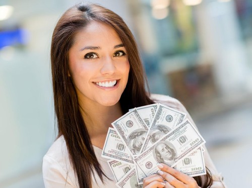 happy Asian woman hand holding smart phone and banknotes ,make money online concept