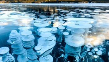 Gelembung metana beku di danau Abraham, Alberta, Kanada. Foto: Brightside