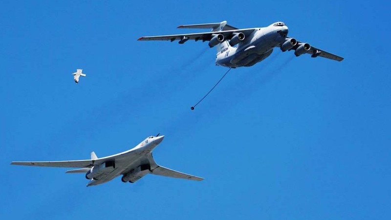 MOSCOW, RUSSIA - JUNE 24: Tupolev Tu-22M3 long-range strategic bombers and a Tu-160 strategic bomber fly over Red Square during the Victory Day military parade in Red Square marking the 75th anniversary of the victory in World War II, on June 24, 2020 in Moscow, Russia. The 75th-anniversary marks the end of the Great Patriotic War when the Nazi's capitulated to the then Soviet Union.  (Photo by Mikhail Voskresenskiy - Host Photo Agency via Getty Images )