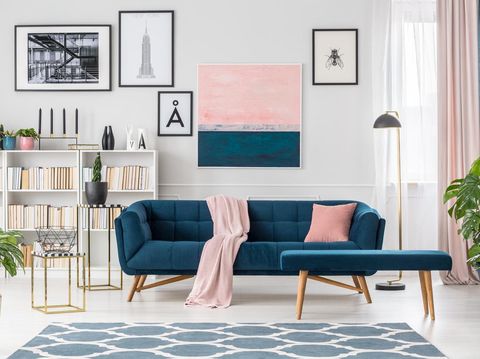 Blue bench and settee with pink blanket in elegant living room interior with bookshelf and posters