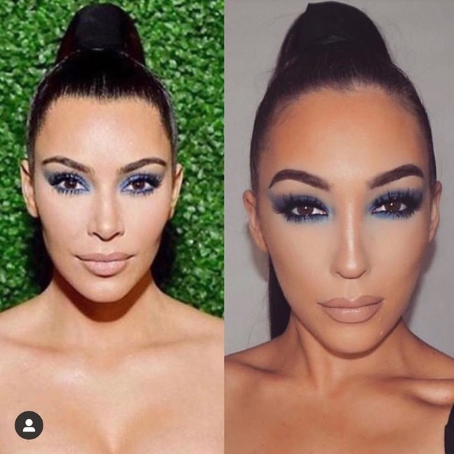 Di Instagramnya, Jennifer kerap menyandingkan fotonya dengan foto Kim. Seperti dalam foto ini, Jennifer (foto kanan) sama-sama menggunakan eyeshadow biru dengan tatanan rambut yang dibuat serupa.  Foto: Instagram @jennifer.janelle