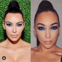 Di Instagramnya, Jennifer kerap menyandingkan fotonya dengan foto Kim. Seperti dalam foto ini, Jennifer (foto kanan) sama-sama menggunakan eyeshadow biru dengan tatanan rambut yang dibuat serupa.  Foto: Instagram @jennifer.janelle