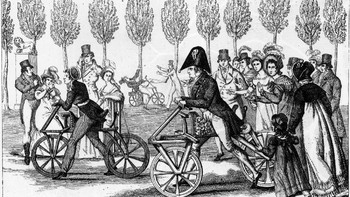 Gambar Velocipede dipergunakan di Paris tahun 1818. Velocipede juga dibawa ke Hindia Belanda, dari situ orang Indonesia mengenal kata Sepeda (Hulton Archive/Getty Images)