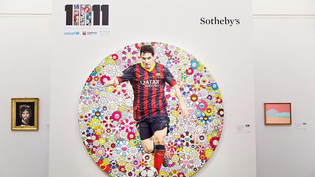 LONDON, ENGLAND - FEBRUARY 06:  'Lionel Messi and a Universe of Flowers' by Takashi Murakami is one of the works featured in Sotheby's forthcoming auction on the 12th of Febrary 2015 in support of the 1 in 11 campaign led by Lionel Messi, FC Barcelona Foundation, Unicef and Rota at Sotheby's on February 6, 2015 in London, England.  (Photo by Tristan Fewings/Getty Images for Sotheby's)