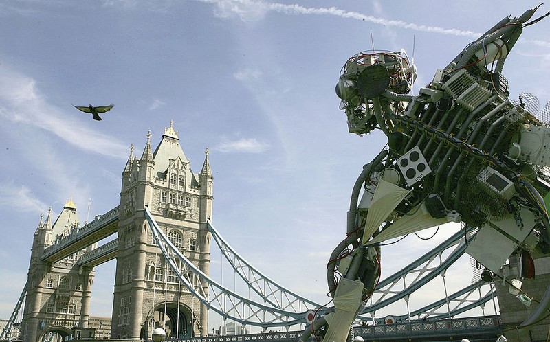 LONDON - APRIL 29: The WEEE Man a giant recycled waste Sculpture is unveiled on April 29, 2005 in London, England. The WEEE Man represents how much WEEE (Waste Electrical and Electronic Equipment) an average UK person will create in their lifetime. A European WEEE directive, encouraging manufacturers to take responsibility for their products at the end of their life will come into effect in 2006. (Photo by Daniel Berehulak/Getty Images)