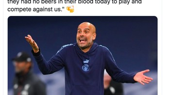 Mungkin mereka kebanyakan minum bir, kata Guardiola menanggapi penampilan buruk Liverpool. Ya, mereka mungkin kebanyakan party setelah 30 tahun menanti gelar juara Liga Inggris. Foto: Twitter