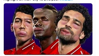 Firmino, Mane dan Salah digambarkan babak belur semalam. Foto: Twitter