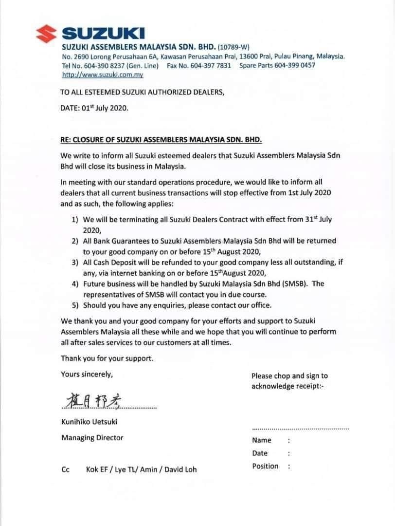 Surat edaran Suzuki Assemblers Malaysia