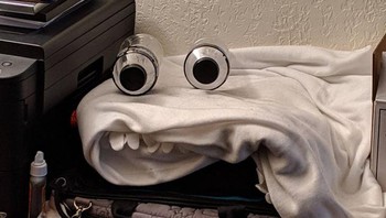 Dua botol plastik terlihat seperti mata, sedangkan baju yang ada di bawahnya mirip dengan mulut yang menyeringai. Foto: Brightside