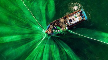 Pagi hari pertama musim semi di Sa Huynh, Vietnam, yang terkenal dengan industri perikanan. Pada saat ini, airnya sangat jernih dan perahu mengumpulkan jala yang penuh dengan ikan teri. Istimewa/dok. Bored Panda/@alexcao  