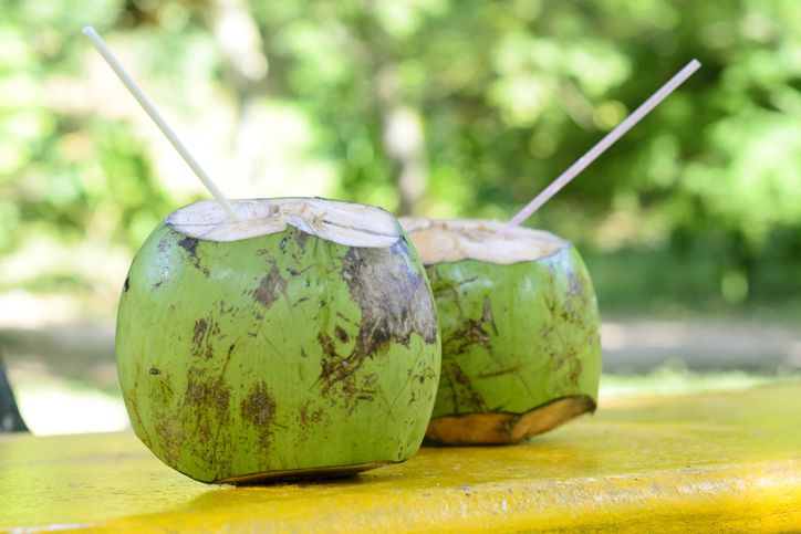 Tropical green coconuts opened for the drinking water with straws.
