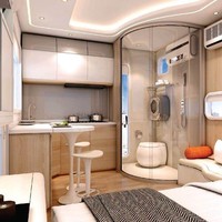 Walaupun tidak terlalu luas, tetapi rumah kapsul ini memiliki ruang keluarga, dapur, kamar mandi, dan meja makan mini. Cukup lengkap untuk dijadikan sebuah rumah keluarga. Foto: dok. Nestron