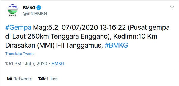 Gempa Enggano (Twitter BMKG)