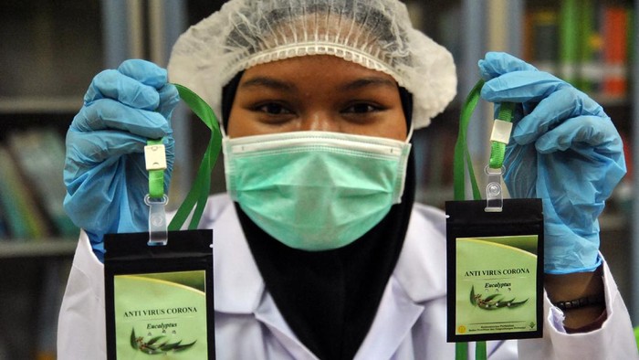Melihat Lebih Jelas Kalung Anticorona Kementan Sejumlah pekerja mengemas serbuk hasil pengolahan laboratorium nano teknologi di Balitbangtan, Balai Besar Litbang Pascapanen Pertanian, Cimanggu, Kota Bogor, Jawa Barat, Selasa (7/7/2020). Kementerian Pertanian meluncurkan inovasi produk berbasis tanaman eucalyptus yang digunakan sebagai aksesoris kesehatan yang disebut kalung aromaterapi eucalyptus sebagai antivirus dan mampu menambah daya tahan tubuh. ANTARA FOTO/Arif Firmansyah/hp.