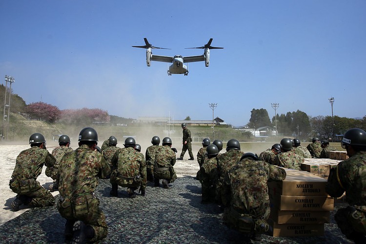 AURORA PROVINCE, PHILIPPINES - MAY 15::  A US V22 Osprey takes off from a port after disembraking supplies on May 15, 2017 in Casiguran Province, Philippines. Philippines and U.S. troops held the annual 