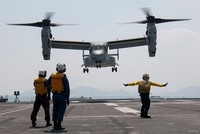 AURORA PROVINCE, PHILIPPINES - MAY 15::  A US V22 Osprey takes off from a port after disembraking supplies on May 15, 2017 in Casiguran Province, Philippines. Philippines and U.S. troops held the annual 