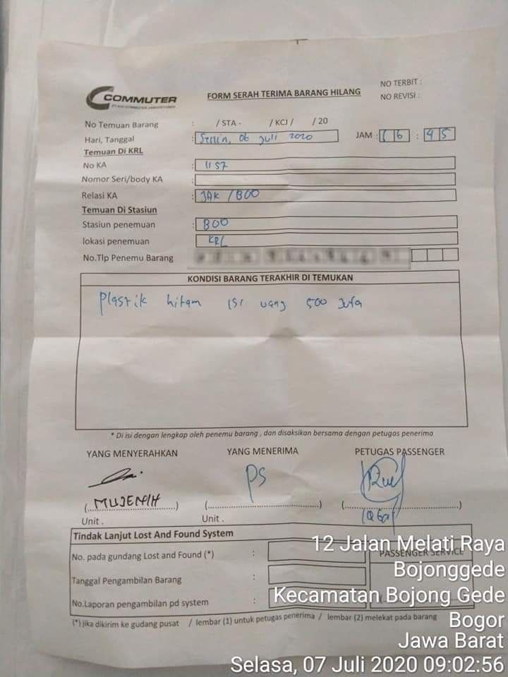 Form serah terima barang hilang penemuan uang Rp 500 juta di KRL