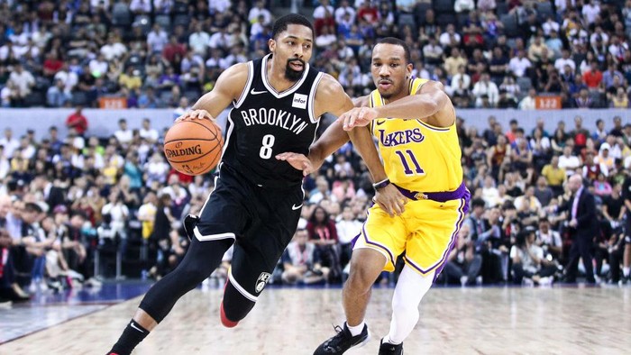 SHENZHEN, CHINA - OCTOBER 12: #8 Spencer Dinwiddie of the Brooklyn Nets in action during the match against #11 Avery Bradley of the Los Angeles Lakers during a preseason game as part of 2019 NBA Global Games China at Shenzhen Universiade Center on October 12, 2019 in Shenzhen, Guangdong, China. (Photo by Zhong Zhi/Getty Images)