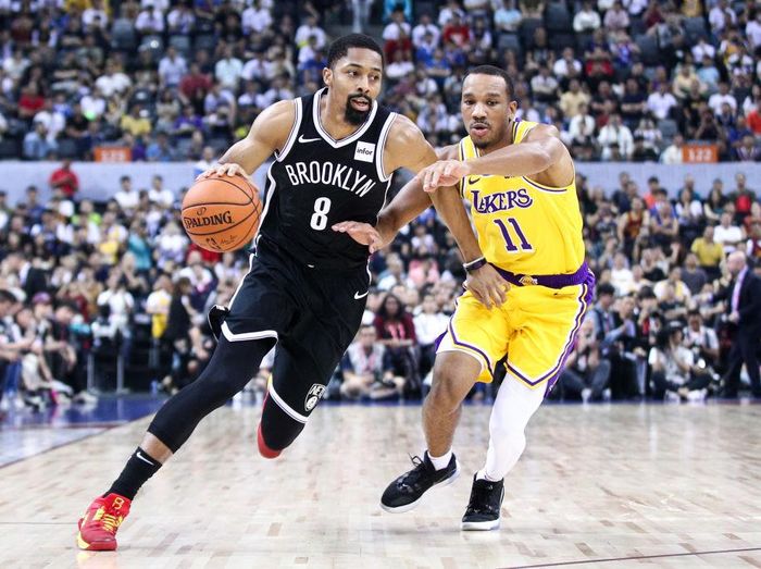 NBA SHENZHEN, CHINA - OCTOBER 12: #8 Spencer Dinwiddie of the Brooklyn Nets in action during the match against #11 Avery Bradley of the Los Angeles Lakers during a preseason game as part of 2019 NBA Global Games China at Shenzhen Universiade Center on October 12, 2019 in Shenzhen, Guangdong, China. (Photo by Zhong Zhi/Getty Images)