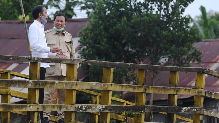 PRESIDEN TINJAU LAHAN UNTUK LUMBUNG PANGAN NASIONAL Presiden Joko Widodo (kanan) didampingi Menteri Pertahanan Prabowo Subianto (kiri), Menteri Pertanian Syahrul Yasin Limpo (kedua kiri) dan Menteri PUPR Basuki Hadimuljono (kedua kanan) meninjau lahan yang akan dijadikan