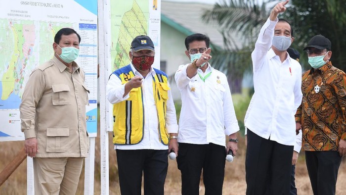 Presiden Joko Widodo (kanan) didampingi Menteri Pertahanan Prabowo Subianto (kiri), Menteri Pertanian Syahrul Yasin Limpo (kedua kiri) dan Menteri PUPR Basuki Hadimuljono (kedua kanan) meninjau lahan yang akan dijadikan 