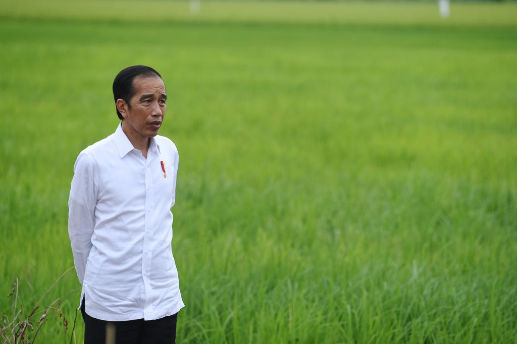 Presiden Joko Widodo (kanan) didampingi Menteri Pertahanan Prabowo Subianto (kiri), Menteri Pertanian Syahrul Yasin Limpo (kedua kiri) dan Menteri PUPR Basuki Hadimuljono (kedua kanan) meninjau lahan yang akan dijadikan 
