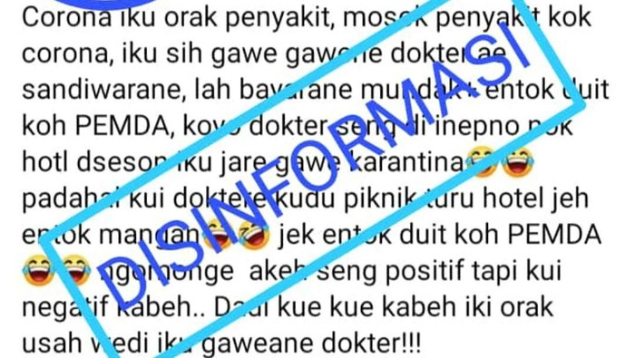 Tangkapan layar postingan hoaks tentang konspirasi dokter dan pemda soal Corona, Kamis (9/7/2020).