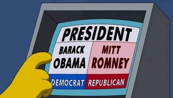 Ketika pemilihan umum 2012, mesin pemungutan suara terbukti rusak dan suara untuk Barack Obama berpindah ke Mitt Romney sebagai gantinya. Dalam episode 2008, Homer Simpson pergi ke bilik suara untuk memberikan suara untuk Obama, tapi suaranya malah jatuh ke McCain. Foto: Fox via The Warp