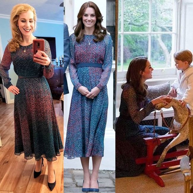 Dan seperti inilah penampilan Danielle ketika tampil ala Kate Middleton. Dalam meniru gaya idolanya, wanita 41 tahun itu cukup kreatif dengan membeli baju versi murah, namun memiliki motif dan potongan yang mirip.  Foto: dok. Instagram