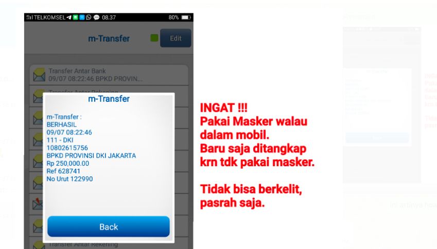 Bukti pembayaran tidak menggunakan masker saat berkendara.