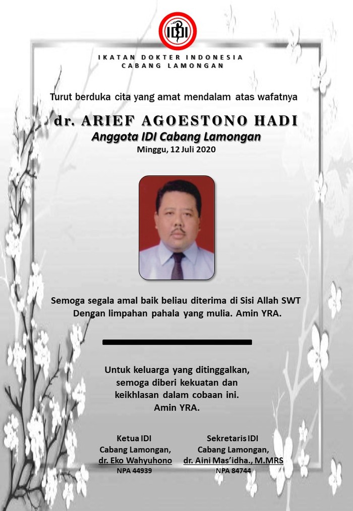 Dunia medis di Lamongan berduka. Seorang dokter meninggal pada Minggu (12/7) dengan status positif COVID-19.