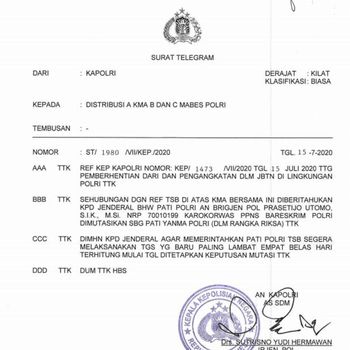 Surat telegram pencopotan Brigjen Prasetijo Utomo, pembuat surat jalan untuk buronan Djoko Tjandra