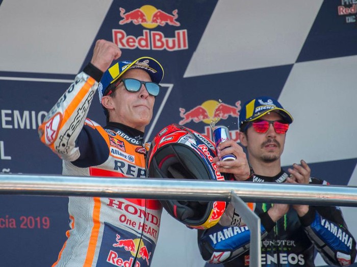 JEREZ DE LA FRONTERA, SPAIN - MAY 04: Marc Marquez of Spain and Repsol Honda Team  celebrates the victory on the podium at the end of the MotoGP race during the MotoGp of Spain - Race at Circuito de Jerez on May 04, 2019 in Jerez de la Frontera, Spain. (Photo by Mirco Lazzari gp/Getty Images)