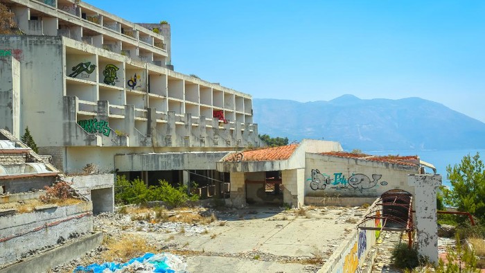 Kupari, Croatia- July 19, 2017 : The exterior of an old ruined hotel Goricina in abandoned Yugoslavian military resort in Kupari, Croatia.