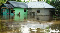 Banjir yang merendam rumah warga setinggi paha orang dewasa.