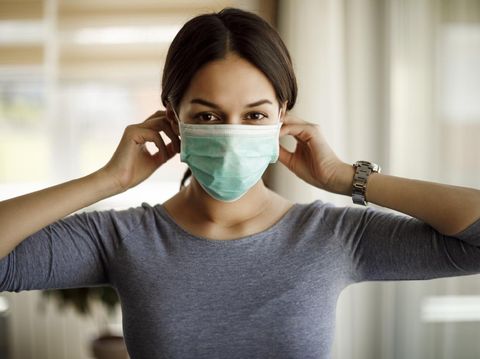 Portrait of young woman putting on a protective mask for coronavirus isolation