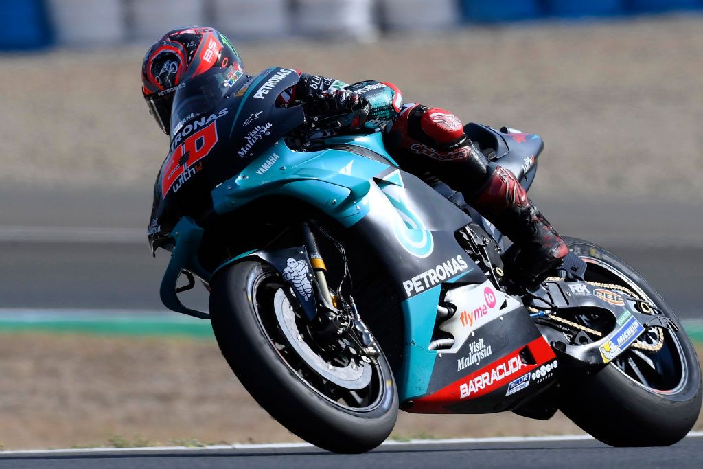 JEREZ DE LA FRONTERA, SPAIN - JULY 17:  Fabio Quartararo of France and Petronas Yamaha SRT   rounds the bend during the MotoGP of Spain - Free Practice at Circuito de Jerez on July 17, 2020 in Jerez de la Frontera, Spain. (Photo by Mirco Lazzari gp/Getty Images)