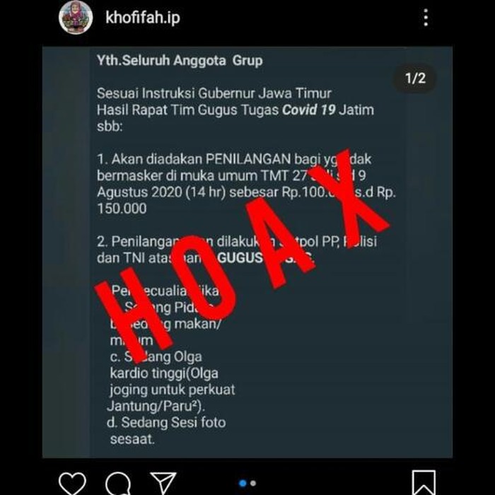 Viral pesan di aplikasi percakapan WhatsApp bahwa akan ada penilangan bagi warga yang tidak bermasker di Jatim. Pelanggar akan didenda Rp 100 ribu hingga Rp 150 ribu.